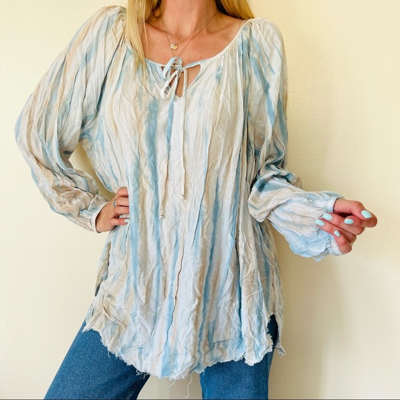 Joan Vass Tops - Joan Vass blouse top Blue Abstract Boho Tunic Scoop Neck 3/4 Sleeve